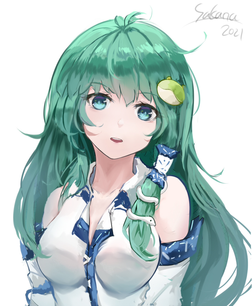 1girl artist_name bangs bare_shoulders blue_eyes breasts collar detached_sleeves eyebrows_visible_through_hair frog_hair_ornament green_hair hair_between_eyes hair_ornament hair_tubes highres kochiya_sanae long_hair long_sleeves looking_at_viewer medium_breasts open_mouth sakanafish shirt simple_background snake_hair_ornament solo touhou upper_body white_background white_shirt