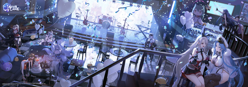 6+girls :3 absurdly_long_hair absurdres akashi_(azur_lane) alcohol anchor_hair_ornament animal_ear_fluff animal_ears asymmetrical_legwear azur_lane balloon bar bare_shoulders black_coat black_footwear black_gloves black_hair black_neckwear black_shorts black_skirt black_sleeves blouse blue_eyes blue_hair blue_kimono boots bottle braid breasts brown_footwear brown_hair cake cat_ears celebration chair character_pillow checkered checkered_floor cheshire_(azur_lane) china_dress chinese_clothes cleavage coat coat_dress confetti couch crop_top cross-laced_clothes cross-laced_footwear crown cup curtains detached_sleeves dress drinking_glass drum drum_set electric_guitar enterprise_(azur_lane) essex_(azur_lane) fake_animal_ears fingerless_gloves floating food fox_ears fox_tail fur-trimmed_coat fur_trim gloves gold_trim green_hair grey_hair guitar hair_ornament hair_ribbon hairband hat heart_balloon high-waist_skirt high_heels high_ponytail highres holding holding_cup holding_tray huge_breasts instrument iron_blood_(emblem) jacket japanese_clothes javelin_(azur_lane) jean_bart_(azur_lane) kimono kitsune kyuubi laffey_(azur_lane) lal!role lap_pillow large_breasts layered_cake leaning_forward long_hair low_braid manjuu_(azur_lane) meowfficer_(azur_lane) microphone microphone_stand military military_uniform mini_crown miniskirt multiple_girls multiple_tails naval_uniform necktie neckwear_between_breasts neon_lights ning_hai_(azur_lane) no_panties off-shoulder_kimono official_art on_railing open_clothes open_coat open_mouth pantyhose peaked_cap pelvic_curtain piano picture_(object) ping_hai_(azur_lane) pink_jacket pleated_skirt prinz_heinrich_(azur_lane) purple_dress purple_eyes purple_hair rabbit_ears railing red_corset red_dress red_eyes red_hair red_hairband red_legwear red_neckwear red_skirt ribbed_shirt ribbon round_table san_diego_(azur_lane) shinano_(azur_lane) shirt short_shorts shorts single_braid skirt skirt_under_kimono skull_belt sleeping sleeping_on_person sleeveless_blouse small_breasts smile sovetskaya_belorussiya_(azur_lane) speaker stage stage_curtains stage_lights stairs striped striped_legwear synthesizer table tail teapot thigh_boots thighhighs tray twintails underboob uniform vertical-striped_legwear vertical_stripes very_long_hair very_long_sleeves white_blouse white_coat white_hair white_hairband white_headwear white_legwear white_skirt white_tail wide_sleeves wine wine_bottle wine_glass wooden_floor yellow_eyes zettai_ryouiki