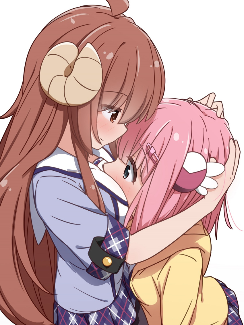 2girls between_breasts breasts brown_hair chiyoda_momo couple demon_girl demon_horns eyebrows_visible_through_hair face_between_breasts hand_on_another's_head happy head_between_breasts highres horns hug long_hair looking_at_another machikado_mazoku miruzawa_akechi multiple_girls pink_hair short_hair white_background yoshida_yuuko_(machikado_mazoku) yuri