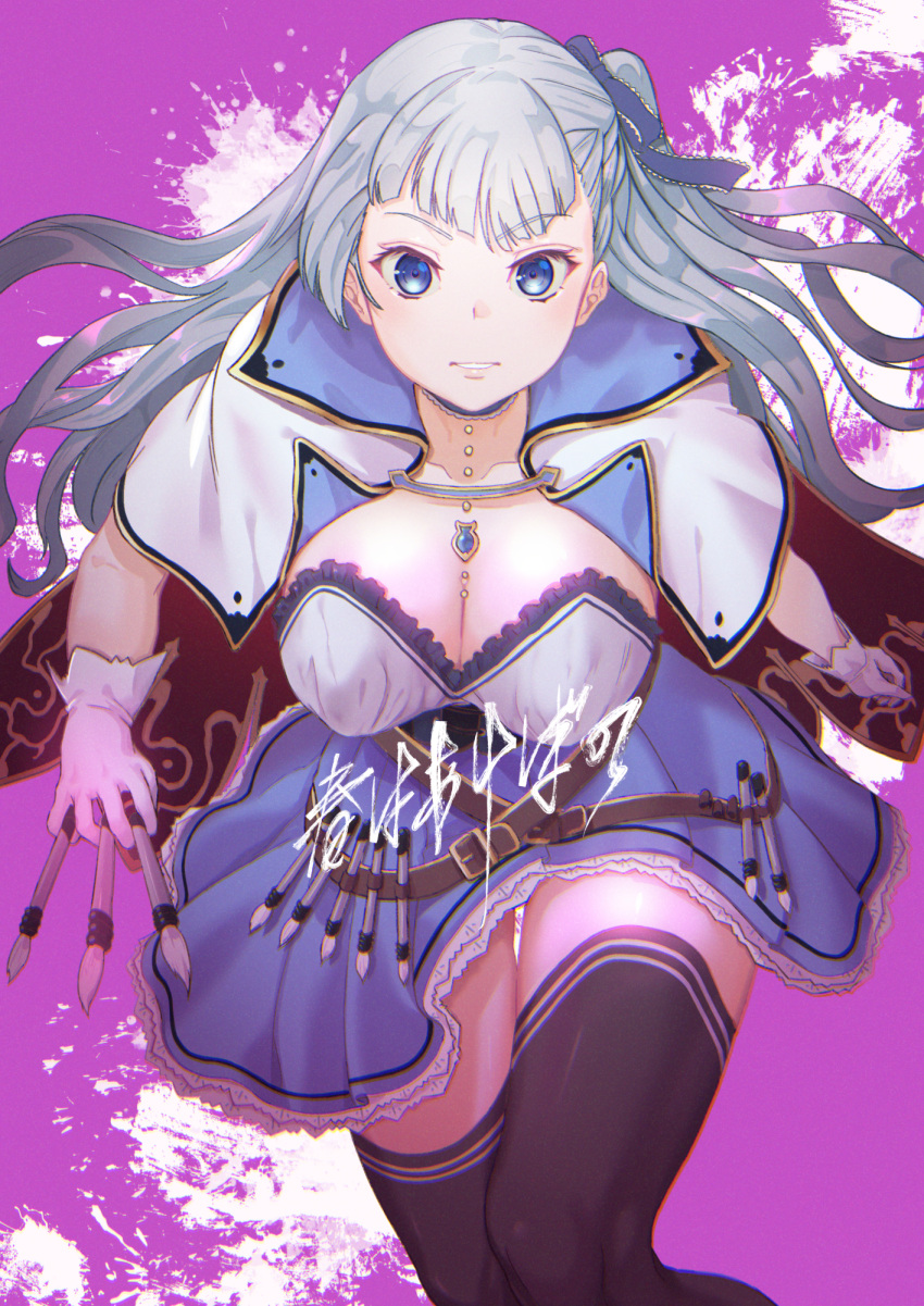 1girl bangs blue_eyes blunt_bangs breasts cape highres kira_temari magia_record:_mahou_shoujo_madoka_magica_gaiden mahou_shoujo_madoka_magica nanakamado paint_splatter paintbrush pink_background ribbon silver_hair solo thighhighs