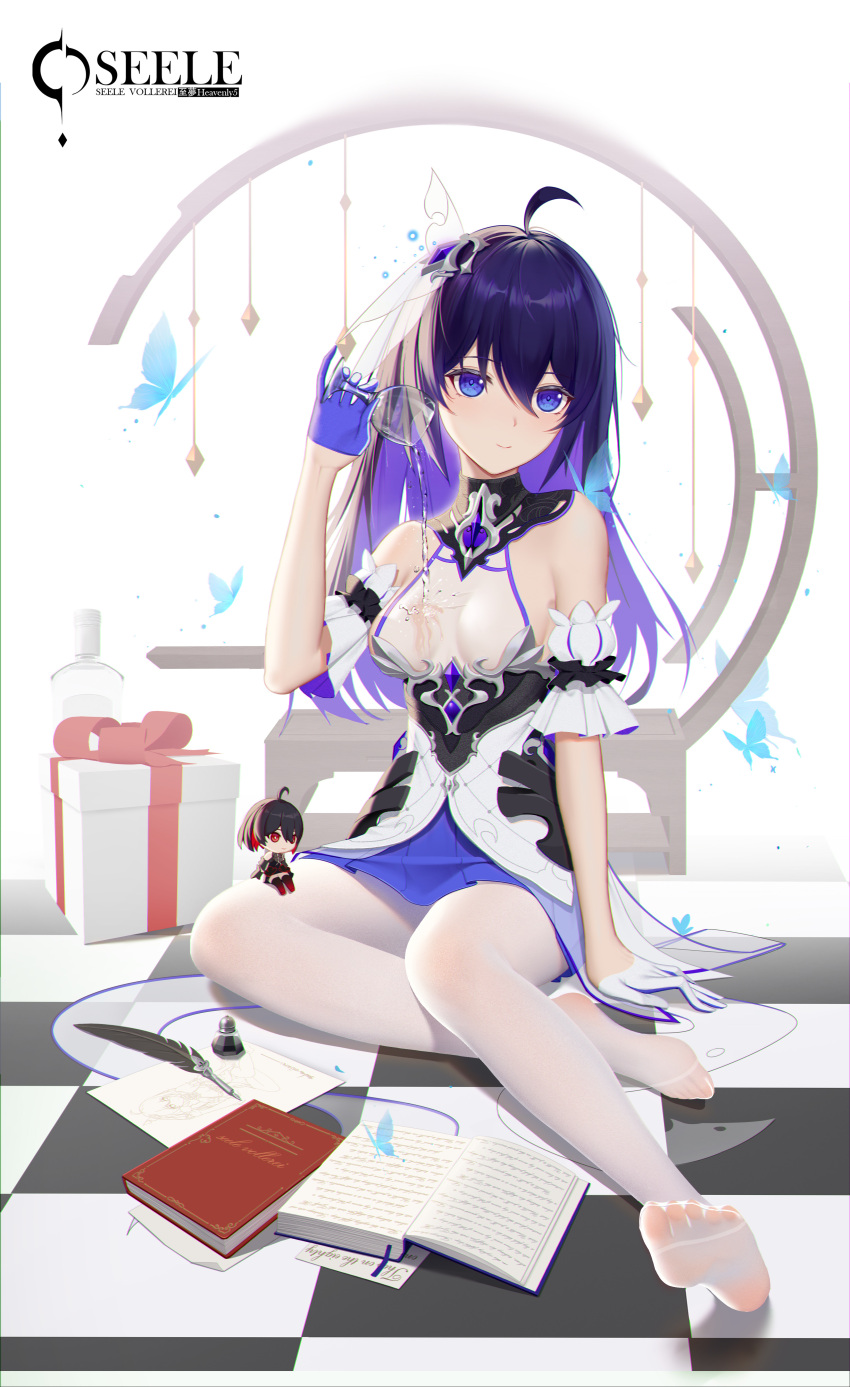 1girl absurdres alcohol alternate_costume alternate_hair_color antenna_hair bangs blue_butterfly bug butterfly checkered checkered_floor closed_mouth cup doll dress full_body gift gloves hair_between_eyes heart-heavenly5 highres holding holding_cup honkai_(series) honkai_impact_3rd ink insect legs long_hair looking_at_viewer no_shoes on_floor pantyhose purple_eyes purple_hair quill see-through seele_(alter_ego) seele_vollerei seele_vollerei_(starchasm_nyx) short_sleeves sitting smile soles solo spilling toes wet wet_clothes white_dress white_gloves white_legwear wine