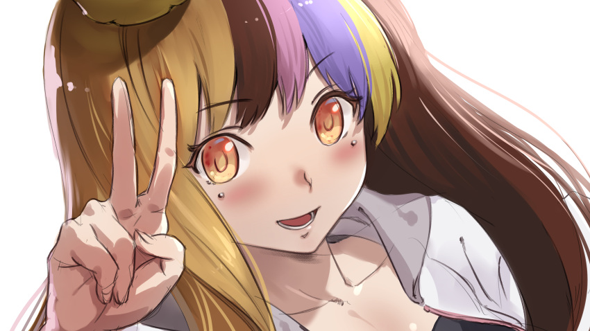 1girl absurdres bloom blush brown_eyes brown_hair collarbone commentary galaco highres jacket long_hair looking_at_viewer multicolored_hair open_mouth portrait sketch smile solo streaked_hair tarokazu v vocaloid white_background white_jacket