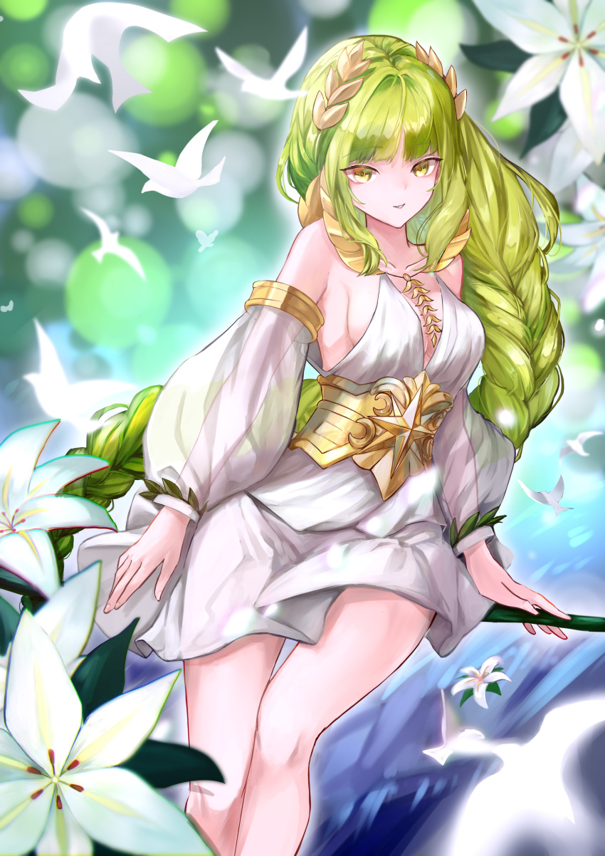 1girl absurdres afk_arena bird breasts cleavage flora_(afk_arena) flower green_hair hanasawa_(pixiv53877974) highres long_hair looking_at_viewer solo white_flower