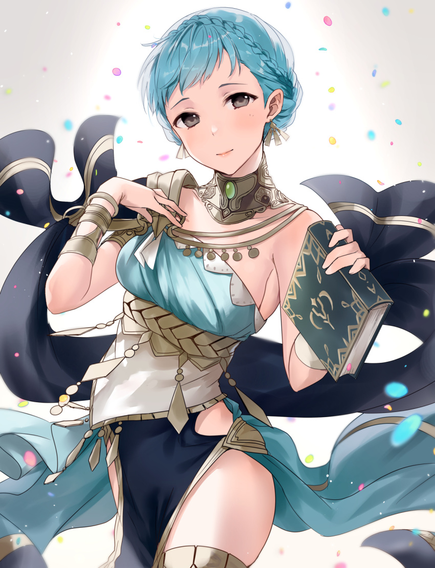 1girl alternate_costume armlet blue_hair book bracelet braid breasts brown_eyes closed_mouth confetti crown_braid dancer dancer_(three_houses) dress earrings fire_emblem fire_emblem:_three_houses fire_emblem_heroes haru_(nakajou-28) highres holding holding_book jewelry lips looking_at_viewer marianne_von_edmund official_alternate_costume pelvic_curtain pink_lips shawl short_hair sleeveless sleeveless_dress smile solo thighs