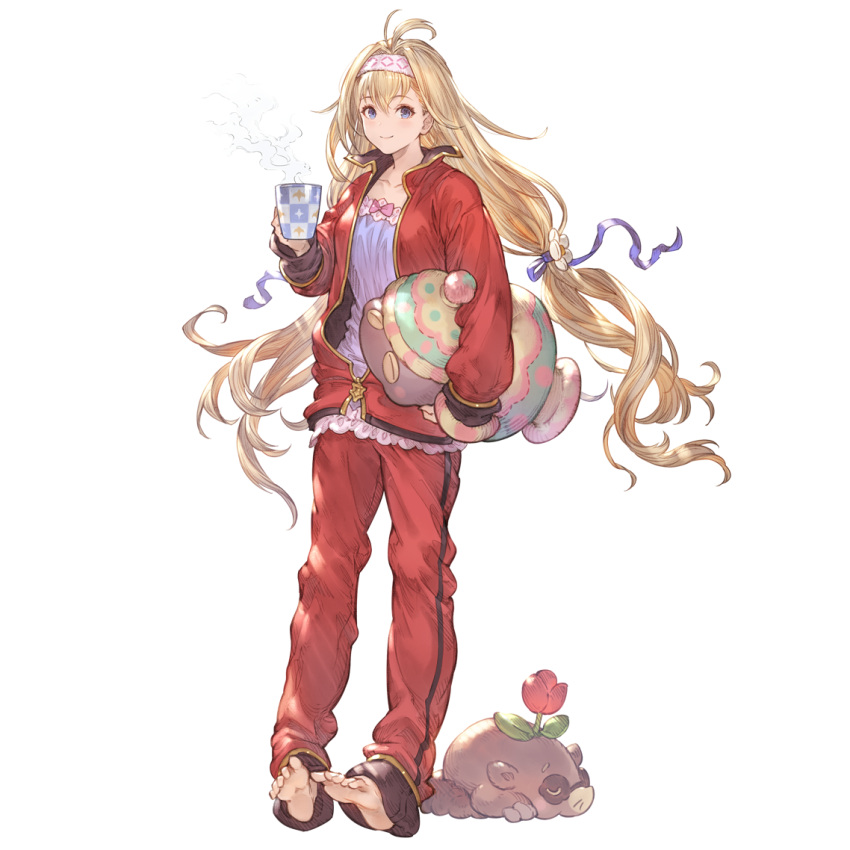 1girl alternate_costume barefoot blonde_hair blue_eyes bow cup dress flower granblue_fantasy hair_flower hair_ornament hair_ribbon hairband jacket jeanne_d'arc_(granblue_fantasy) long_hair looking_at_viewer mole_(animal) nightgown official_art pants pillow pink_bow ribbon smile solo track_jacket track_pants track_suit transparent_background very_long_hair