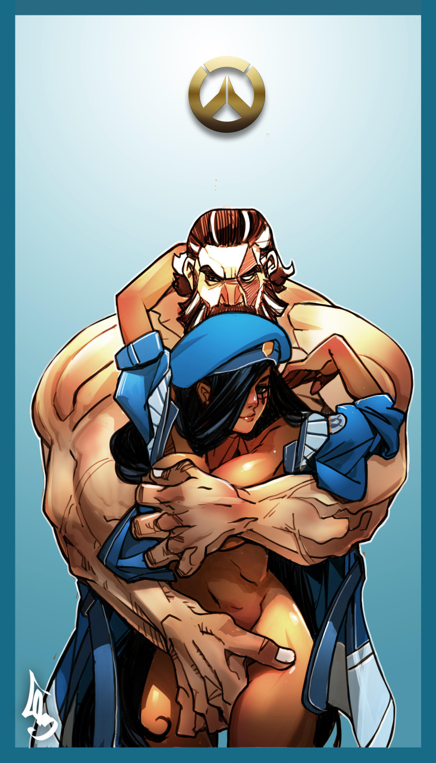 1boy 1girl absurdres ana_(overwatch) arms_up beard beret between_legs black_hair blue_border blue_coat blue_headwear border breast_grab breasts brown_eyes captain_amari cheunchin coat couple dark-skinned_female dark_skin english_commentary eye_of_horus facial_hair facial_tattoo grabbing hair_over_one_eye hand_between_legs hat height_difference hetero highres hug hug_from_behind implied_fingering interracial long_coat long_hair multicolored_hair muscular muscular_male naked_coat navel one-eyed overwatch overwatch_(logo) reinhardt_(overwatch) streaked_hair tattoo thighs unaligned_breasts veins veiny_arms younger