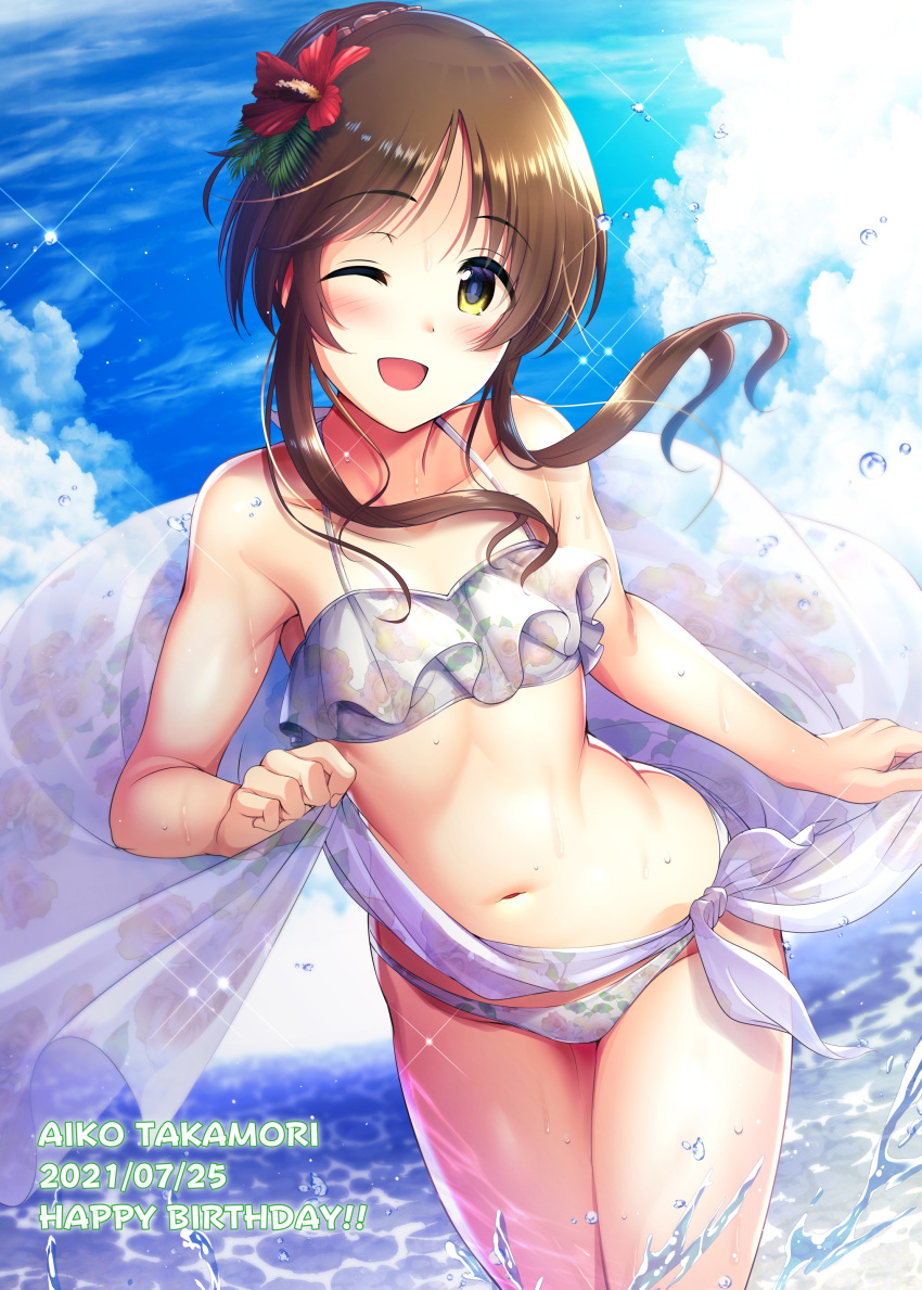 1girl absurdres armpit_crease bikini blue_sky blush brown_hair character_name cloud dated day flat_chest flower hair_flower hair_ornament happy_birthday highres idolmaster idolmaster_cinderella_girls long_hair looking_at_viewer ment navel ocean one_eye_closed open_mouth outdoors ponytail red_flower short_hair short_hair_with_long_locks sky smile solo splashing swimsuit takamori_aiko wading white_bikini yellow_eyes