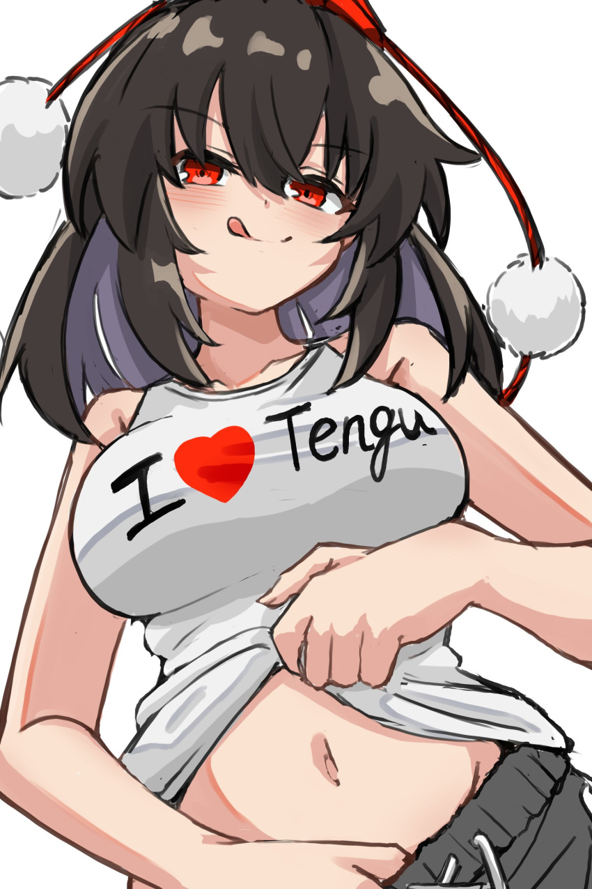 1girl :q absurdres alternate_costume blush breasts brown_hair closed_mouth clothes_lift clothes_pull clothes_writing commentary_request contemporary grey_pants hat heart highres large_breasts looking_at_viewer medium_hair midriff_peek navel pants pants_pull pom_pom_(clothes) red_eyes red_hat shameimaru_aya shirt skirt skirt_lift sleeveless sleeveless_shirt smile solo tokin_hat tongue tongue_out touhou white_shirt yuuka_(a0240765)
