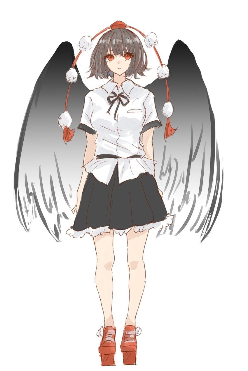 1girl belt black_belt black_hair black_ribbon black_skirt black_wings breast_pocket collared_shirt frilled_skirt frills geta hat highres kashiwada_kiiho neck_ribbon pocket pom_pom_(clothes) red_hat ribbon shameimaru_aya shirt short_hair short_sleeves skirt solo standing tokin_hat touhou white_shirt wings