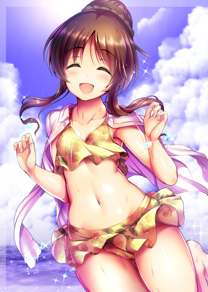 1girl bikini breasts brown_hair closed_eyes cloud cloudy_sky hair_bun highres idolmaster idolmaster_cinderella_girls long_hair ment navel ocean open_mouth sky small_breasts smile solo sparkle splashing swimsuit takamori_aiko yellow_bikini