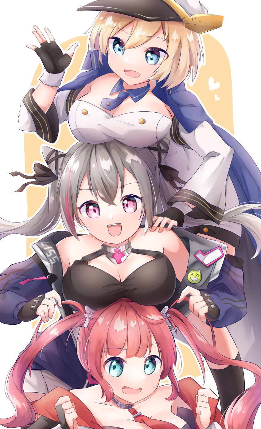 3girls absurdres azur_lane bare_shoulders black_gloves black_ribbon blonde_hair blue_collar blue_eyes blue_jacket blue_neckwear blush breast_rest breasts breasts_on_head california_(azur_lane) collar commission detached_collar eyebrows_visible_through_hair fingerless_gloves gloves grey_hair hair_horns hair_ribbon highres jacket large_breasts medium_breasts medium_hair metal_collar multicolored_hair multiple_girls purple_eyes purple_hair red_hair red_neckwear ribbon rokujou_(hinasuke00) san_diego_(azur_lane) san_francisco_(azur_lane) simple_background skeb_commission streaked_hair twintails two-tone_hair white_jacket