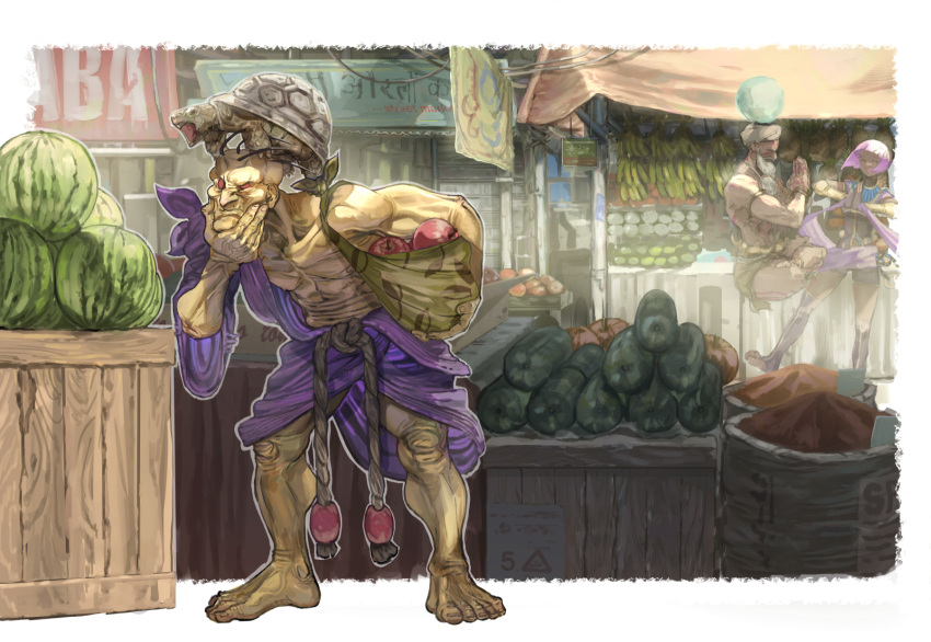 1girl 2boys animal_on_head apple barefoot box crate crystal_ball dhalsim floating food fruit fruit_stand highres menat multiple_boys muscular muscular_male on_head oro_(street_fighter) purple_hair sora-bakabon standing street_fighter street_fighter_v turban turtle watermelon