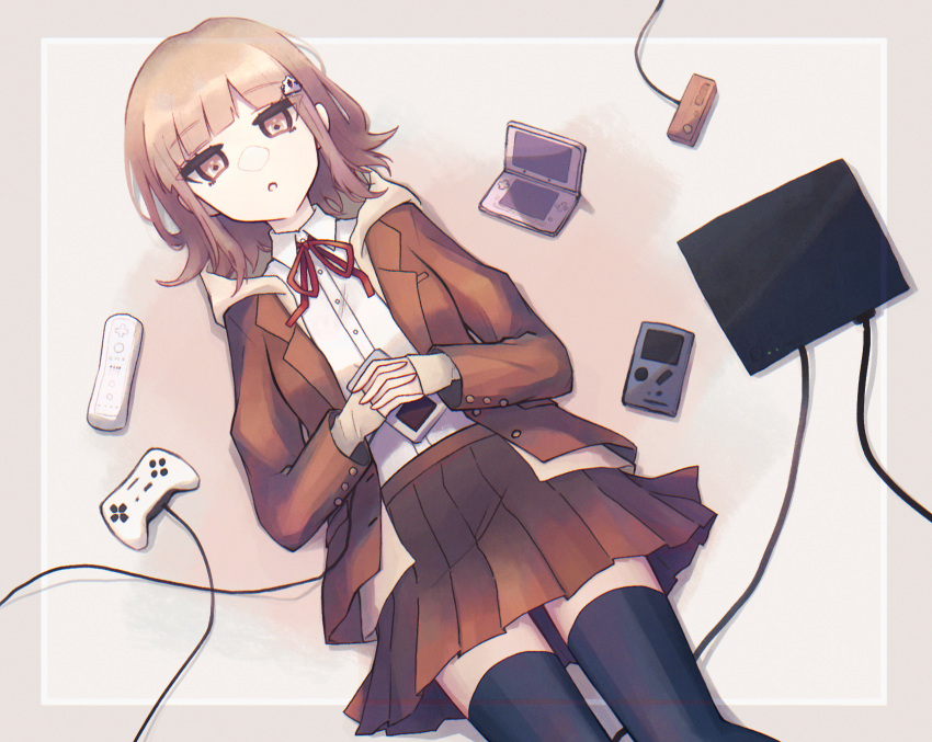 1girl :o bangs black_legwear blunt_bangs brown_eyes brown_hair brown_jacket brown_skirt collared_shirt commentary controller danganronpa_(series) danganronpa_3_(anime) dress_shirt eyebrows_visible_through_hair from_above galaga game_boy game_console game_controller glasses hair_ornament handheld_game_console hands_together highres hope's_peak_academy_school_uniform inase_(inasenanaki) jacket long_sleeves looking_at_viewer lying medium_hair miniskirt nanami_chiaki neck_ribbon nintendo_ds on_back open_clothes open_mouth pleated_skirt red_neckwear ribbon school_uniform shiny shiny_hair shirt simple_background skirt solo thighhighs white_shirt wii_remote zettai_ryouiki