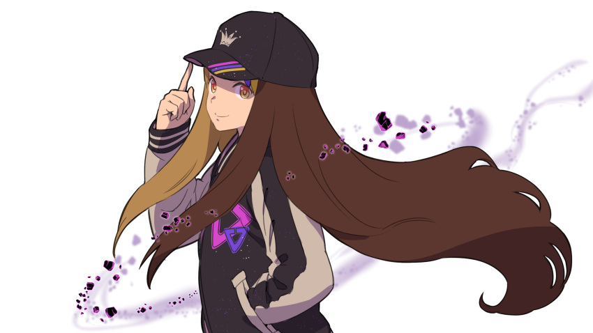 1girl absurdres adjusting_clothes adjusting_headwear baseball_cap black_headwear black_jacket brown_eyes brown_hair commentary crown_print debris finger_to_headwear from_side galaco hand_in_pocket hand_up hat highres index_finger_raised jacket long_hair looking_at_viewer looking_to_the_side multicolored_hair smile solo streaked_hair tarokazu upper_body very_long_hair vocaloid white_background