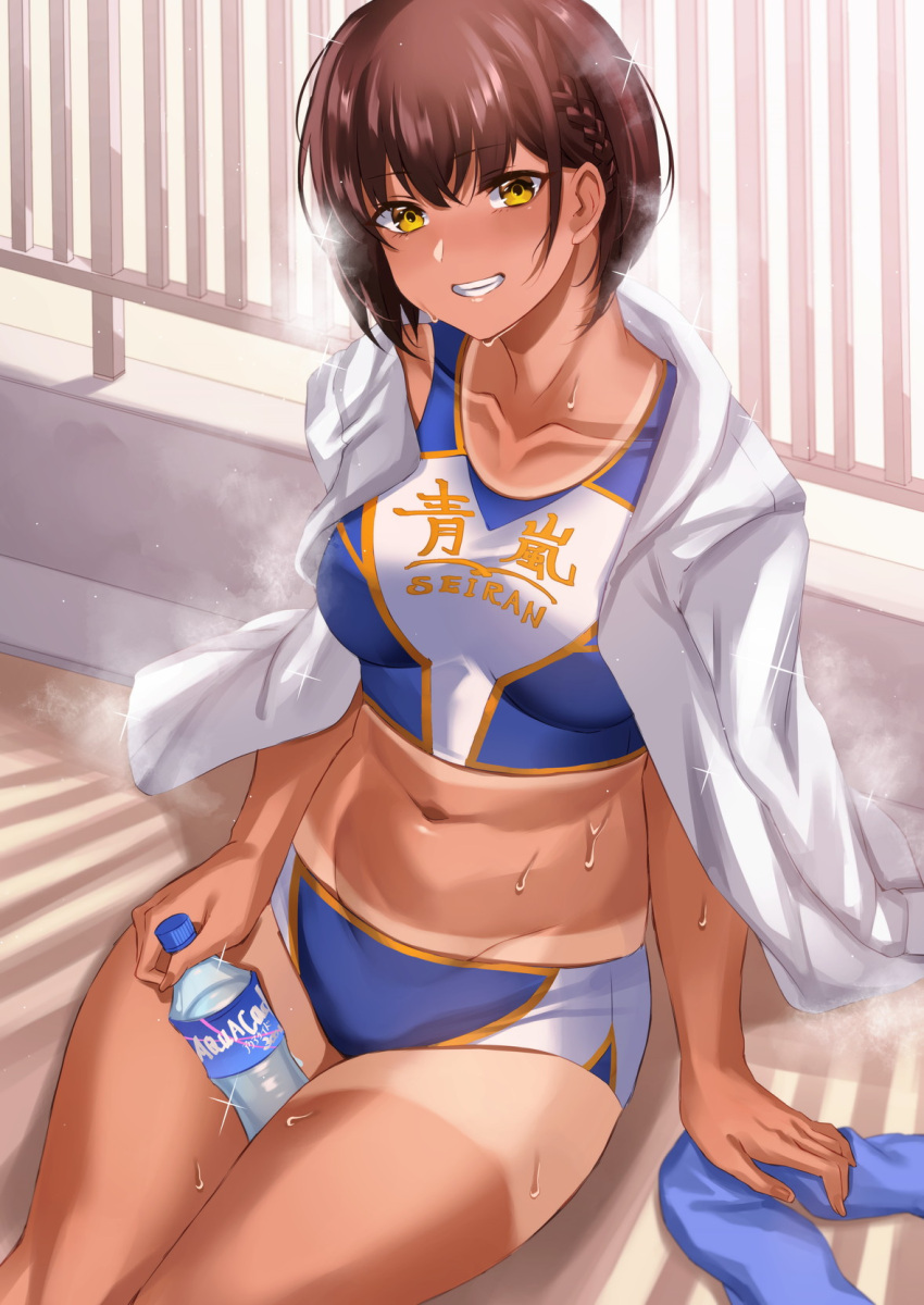 1girl bangs bikini blue_bikini blush bottle braid breasts brown_hair collarbone commentary_request cowboy_shot dark-skinned_female dark_skin eyebrows_visible_through_hair french_braid grin groin hair_between_eyes highres holding holding_bottle inue_ao looking_at_viewer medium_breasts midriff navel original railing shirt shirt_on_shoulders short_hair sidelocks sitting smile solo sports_bikini steam sweat swimsuit tan tanlines teeth towel water_bottle white_shirt yellow_eyes