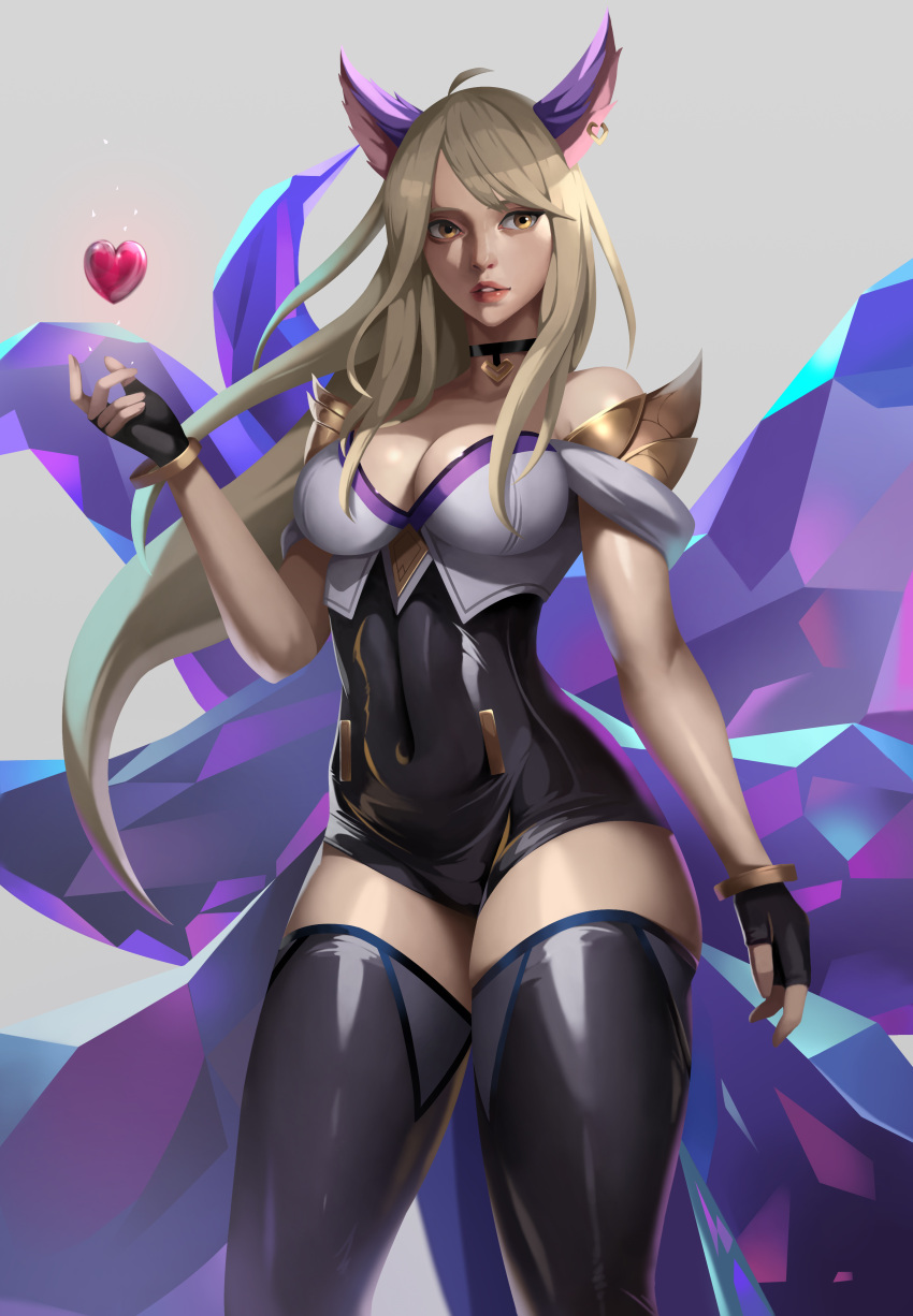 1girl absurdres ahoge ahri animal_ears bangs bare_shoulders black_legwear blonde_hair bodysuit breasts choker cleavage covered_navel cowboy_shot crystal_tail fingerless_gloves floating_hair fox_ears gloves heart highres k/da_(league_of_legends) k/da_ahri large_breasts league_of_legends leotard letsbe lips lipstick long_hair makeup multiple_tails parted_lips solo swept_bangs tail thighhighs thighs vastaya yellow_eyes