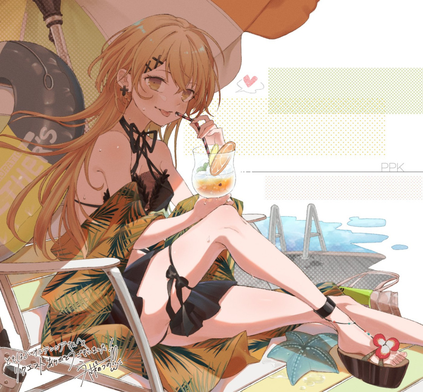 1girl :p bikini cocktail commentary_request commission girls'_frontline highres light_brown_eyes light_brown_hair long_hair platform_footwear pool ppk_(girls'_frontline) rabb_horn skeb_commission solo sweat swimsuit tongue tongue_out very_long_hair