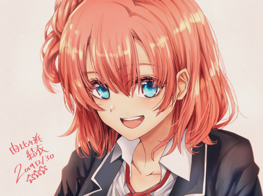 1girl :d black_jacket blue_eyes blush dated eyebrows_visible_through_hair grey_background hair_between_eyes highres hoshi_san_3 jacket looking_at_viewer medium_hair neck_ribbon one_side_up open_clothes open_jacket open_mouth pink_hair red_neckwear red_ribbon ribbon round_teeth school_uniform shirt simple_background smile sobu_high_school_uniform solo teeth upper_teeth white_shirt wing_collar yahari_ore_no_seishun_lovecome_wa_machigatteiru. yuigahama_yui