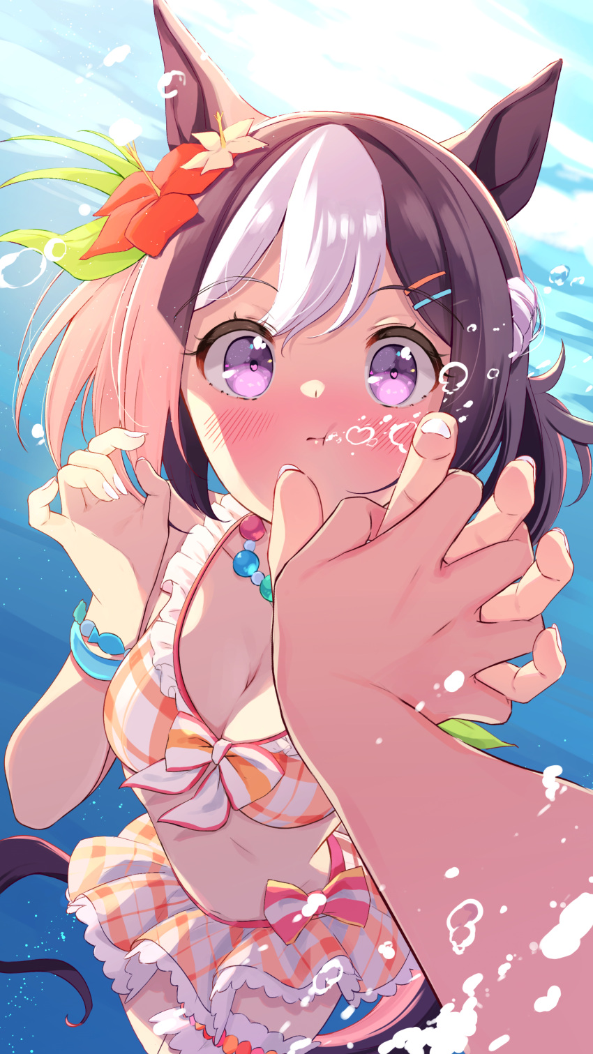 1girl 1other absurdres air_bubble animal_ears bikini blush breasts breath brown_hair bubble bubble_blowing cleavage closed_mouth collarbone fingernails flower freediving frilled_bikini frills hair_flower hair_ornament hairclip heart heart-shaped_pupils highres holding_breath horse_ears horse_girl horse_tail jewelry looking_at_viewer multicolored_hair necklace official_alternate_costume orange_bikini plaid plaid_bikini purple_eyes red_flower saboten_mushi short_hair solo_focus special_week_(umamusume) swimming swimsuit symbol-shaped_pupils tail two-tone_hair umamusume underwater white_hair