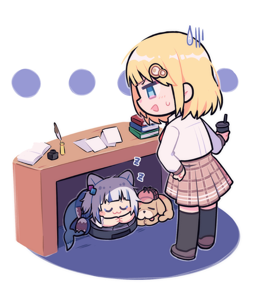 ... 2girls :3 animal_ears bangs blonde_hair blue_eyes blue_hair blunt_bangs blush_stickers book bubba_(watson_amelia) cat_ears cup desk dog gawr_gura hair_ornament hat highres hololive hololive_english inkwell kemonomimi_mode monocle_hair_ornament multicolored_hair multiple_girls necktie nekotaririn open_mouth paper pen roomba shirt short_hair silver_hair skirt sleeping streaked_hair sweat thighhighs u_u under_table virtual_youtuber watson_amelia white_shirt zzz