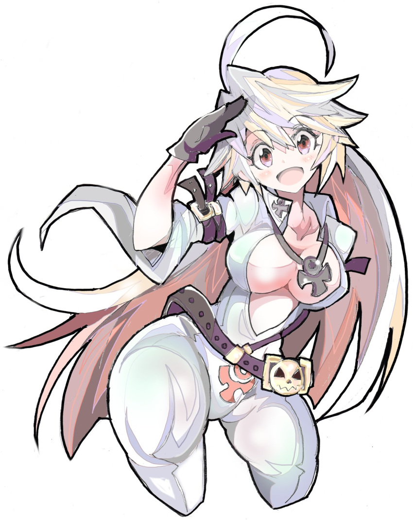 1girl :d ankh ankh_necklace bangs belt bodysuit breasts cleavage enpe gloves guilty_gear guilty_gear_xrd highres jack-o'_valentine long_hair looking_at_viewer multicolored_hair open_mouth red_eyes red_hair smile two-tone_hair white_bodysuit white_hair