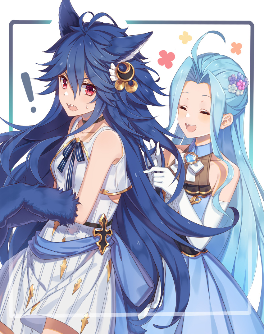 ! 2girls absurdres ahoge animal_ears animal_hands antenna_hair bangs bare_shoulders blue_dress blue_hair blue_ribbon border braid brooch choker closed_eyes collar collarbone commentary_request crescent crescent_hair_ornament dress elbow_gloves fenrir_(shingeki_no_bahamut) flower gloves granblue_fantasy hair_flower hair_ornament highres jewelry jiman long_hair lyria_(granblue_fantasy) multiple_girls neck_ribbon open_mouth parted_bangs playing_with_another's_hair red_eyes ribbon see-through sidelocks sleeveless sleeveless_dress smile sweatdrop teeth white_background white_dress white_gloves