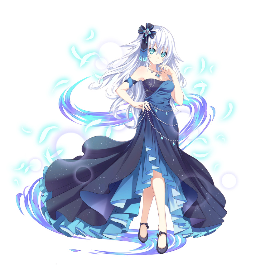 1girl black_heart blue_eyes blue_feathers breasts dress full_body hair_ornament highres jewelry long_hair medium_breasts necklace neptune_(series) official_art solo transparent_background tsunako very_long_hair white_hair