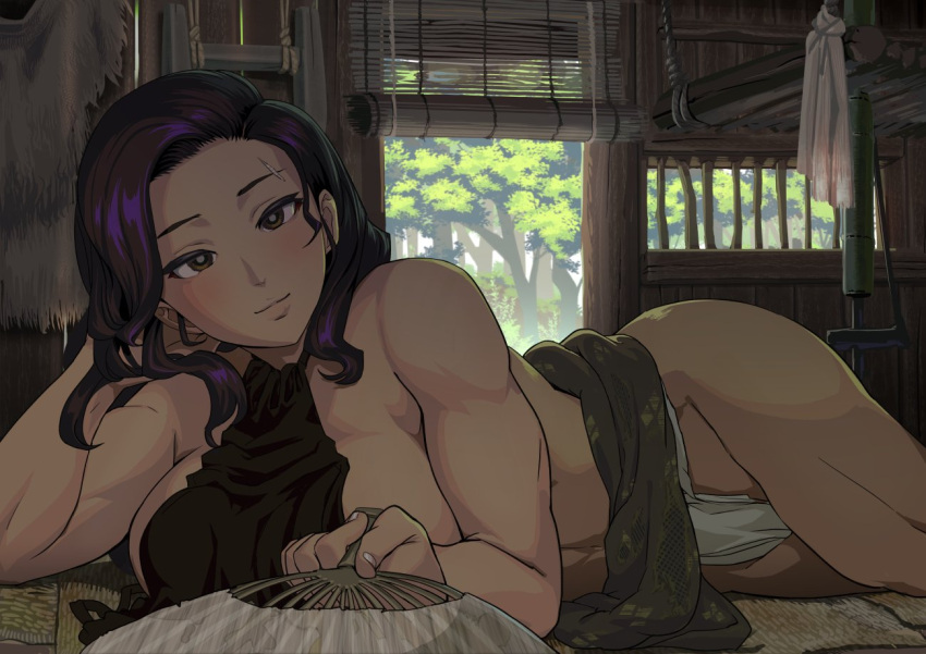 1girl ass bare_shoulders biceps black_hair breasts fundoshi gesogeso halter_top halterneck hand_fan japanese_clothes large_breasts long_hair looking_at_viewer lying muscular muscular_female on_side original scar scar_on_face sideboob smile solo tatami thighs