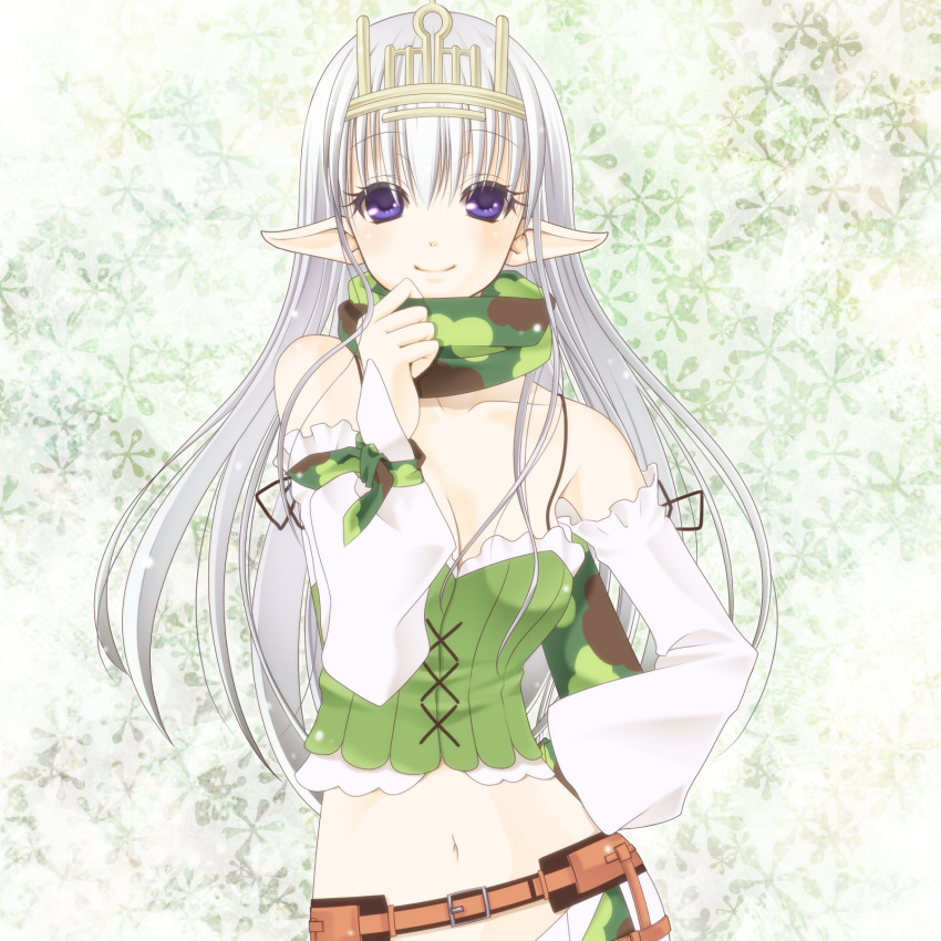 1girl bangs belt blush breasts brown_belt camouflage_scarf closed_mouth commentary_request contrapposto cowboy_shot crown detached_sleeves eyebrows_visible_through_hair green_background green_scarf green_shorts green_tubetop hair_between_eyes highres long_hair looking_at_viewer medium_breasts midriff navel nia_(littlestars) pointy_ears purple_eyes ragnarok_online ranger_(ragnarok_online) scarf scarf_pull shorts smile snowflake_background solo strapless tubetop white_hair white_sleeves