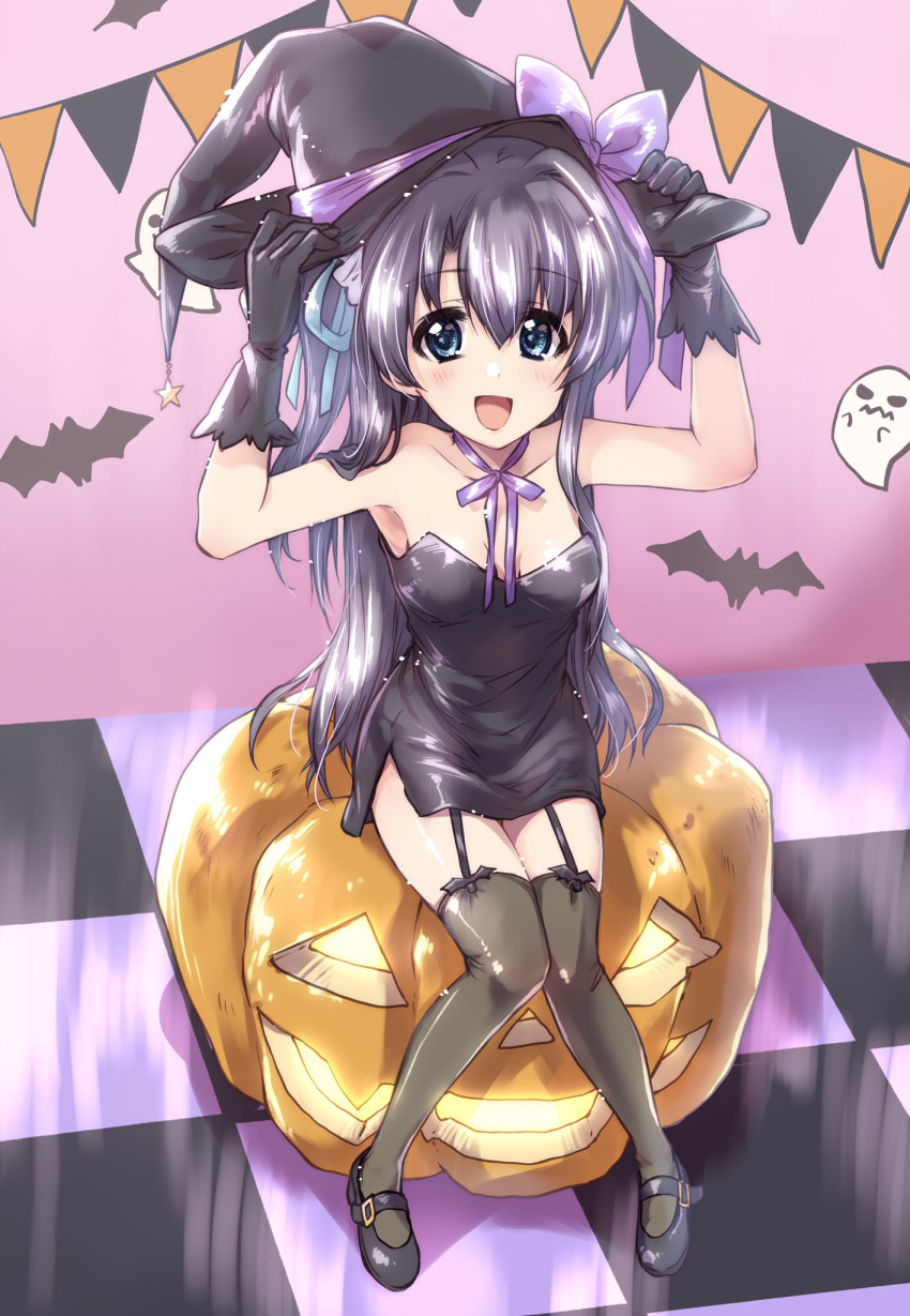 1girl adjusting_clothes adjusting_headwear bat black_dress black_footwear black_gloves black_hair black_headwear black_legwear blue_eyes bow checkered checkered_floor dress eyebrows_visible_through_hair garter_straps ghost gloves halloween halloween_costume hat hat_bow highres jack-o'-lantern kuroi_mimei long_sleeves looking_at_viewer lyrical_nanoha mahou_shoujo_lyrical_nanoha_vivid mary_janes neck_ribbon open_mouth purple_bow purple_neckwear ribbon shoes short_dress side_slit sitting smile solo strapless strapless_dress string_of_flags thighhighs witch_hat yumina_enclave