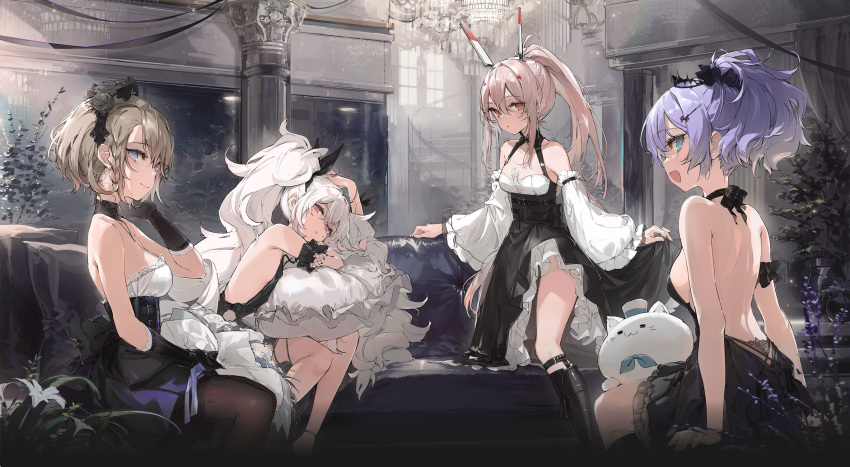 4girls :d alternate_costume arm_scrunchie artist_request ayanami_(azur_lane) ayanami_(nightfall_raiment)_(azur_lane) azur_lane backless_dress backless_outfit bangs bare_back bare_shoulders black_dress black_flower black_gloves black_legwear black_rose blue_eyes boots bouquet braid breasts brown_hair choker collarbone corset couch crown detached_sleeves dress earrings eyebrows_visible_through_hair flower foot_up formal frilled_dress frilled_sleeves frills gloves hair_between_eyes hair_flower hair_ornament hair_ribbon hair_scrunchie hairband hairclip half-closed_eyes halter_dress halterneck headgear high_ponytail highres holding holding_bouquet javelin_(azur_lane) jewelry laffey_(azur_lane) lavender_(flower) light_blue_eyes light_blush lily_(flower) long_hair looking_at_viewer looking_to_the_side medium_breasts meowfficer_(azur_lane) mini_crown multiple_girls official_alternate_costume official_art open_mouth orange_eyes pantyhose pillow plant ponytail potted_plant purple_hair red_eyes ribbon rose scrunchie short_hair side_braid sideboob sideways_glance silver_hair single_bare_arm sitting skirt_hold small_breasts smile source_request stairs strapless strapless_dress stud_earrings thighband_pantyhose third-party_source twintails underbust very_long_hair white_flower white_hair wide_sleeves z23_(azur_lane)