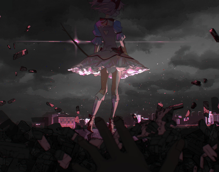 1girl 1other adeuce ankle_ribbon arms_at_sides back_cutout black_theme blurry blurry_background bobby_socks bow bow_(weapon) bubble_skirt building choker chromatic_aberration city clothing_cutout cloud cloudy_sky dark_clouds dark_sky darkness debris destruction facing_away fingernails floating_hair floating_rock frilled_sleeves frills from_behind glint hair_over_one_eye hands heart_cutout kaname_madoka layered_skirt legs_together light_particles limited_palette mahou_shoujo_madoka_magica out_of_frame outdoors outstretched_hand parted_lips pink_hair pink_theme pov pov_hands profile puffy_sleeves reaching red_bow red_footwear ribbon ribbon_choker rock rubble shoes short_twintails skirt sky skyscraper socks solo_focus standing standing_on_one_leg twintails waist_bow weapon white_legwear white_skirt wide_shot window