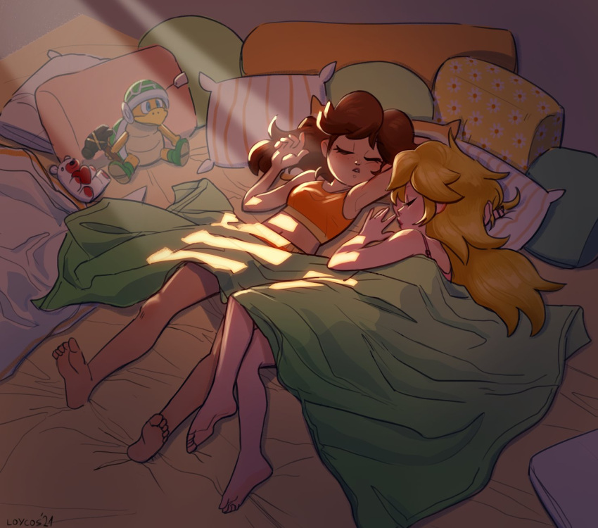 2girls armpits barefoot blanket blonde_hair brown_hair character_doll closed_eyes commentary english_commentary feet hammer_brothers highres indoors light_rays long_hair loycoss lying mario_(series) multiple_girls navel on_back on_bed on_side parted_lips pillow princess_daisy princess_peach signature sleeping sleeveless sports_bra stomach stuffed_animal stuffed_toy sunbeam sunlight teddy_bear toes