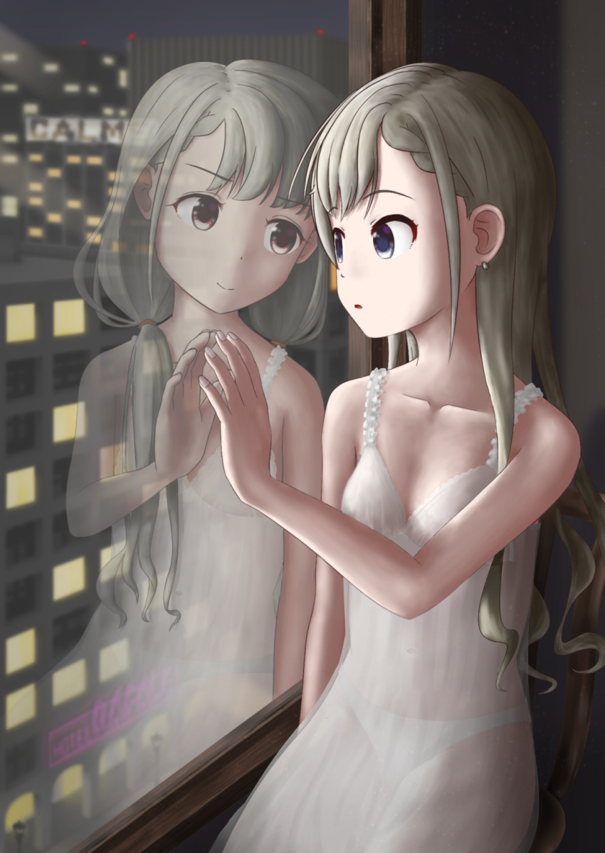 2girls asukago babydoll bangs bare_shoulders blue_eyes braid braided_bangs breasts brown_eyes cityscape collarbone commentary dark_room different_reflection eye_contact hand_to_hand highres hisakawa_hayate hisakawa_nagi idolmaster idolmaster_cinderella_girls light_smile long_hair looking_at_another low_twintails multiple_girls night panties parted_lips raised_eyebrows reflection see-through sheer_clothes siblings silver_hair sisters sitting sitting_in_window small_breasts surprised translucent twins twintails underwear very_long_hair wavy_hair white_panties window