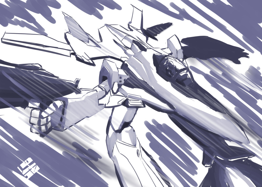 1other absurdres canopy gerwalk gun highres holding holding_gun holding_weapon macross macross_frontier mecha monochrome science_fiction shahnmono sketch solo variable_fighter vf-25 weapon