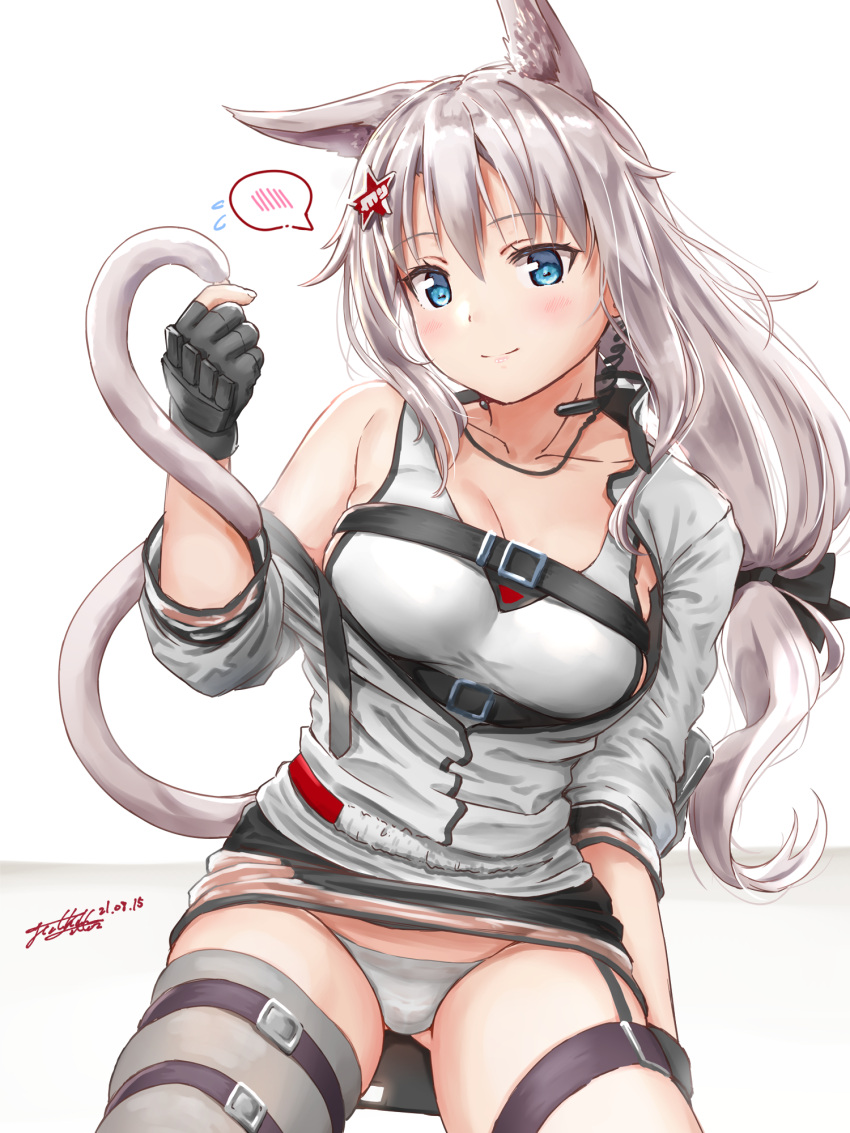 1girl 2021 9a-91_(girls'_frontline) animal_ears arknights blaze_(arknights) blaze_(arknights)_(cosplay) blue_eyes cat_ears cat_tail chest_belt cosplay dated fingerless_gloves girls'_frontline gloves hair_ornament hairclip highres holding_tail jacket long_hair nakahara_mai open_clothes open_jacket panties single_thighhigh skindentation solo star_(symbol) star_hair_ornament tail tank_top thigh_strap thighhighs throat_microphone underwear very_long_hair voice_actor_connection white_hair white_tank_top yukinoshiro