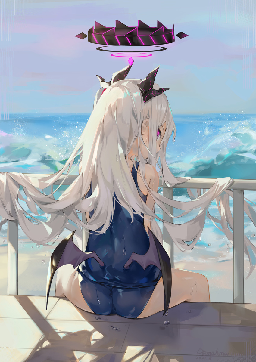 1girl ass beach blue_archive deck dema_hmw from_behind highres hina_(blue_archive) horns long_hair looking_at_viewer looking_back low_wings mini_wings ocean old_school_swimsuit purple_horns railing school_swimsuit sitting solo swimsuit water waves white_hair wings