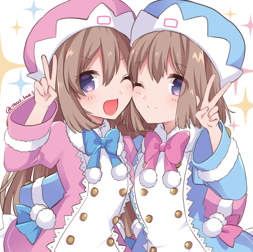 2girls ;) ;d arm_around_waist blue_coat blue_eyes blue_headwear blue_neckwear blush bow bowtie breast_press brown_hair buttons cheek-to-cheek coat double-breasted fang fur-trimmed_coat fur_trim hair_between_eyes hand_up happy haruna_(citrus_love_i) heads_together hug long_hair medium_hair multiple_girls neptune_(series) one_eye_closed open_mouth pink_coat pink_headwear pink_neckwear pom_pom_(clothes) ram_(neptune_series) rom_(neptune_series) siblings sisters smile starry_background symmetrical_docking twins v very_long_hair wide_sleeves