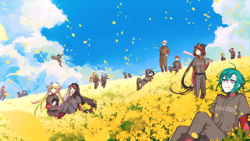 2others 4girls 6+boys annotated azura_cecillia baseball_uniform black_headwear black_wings blonde_hair blue_hair brown_hair dog ex_albio field floating_hair flower flower_field flying fujikiri_yana fuwa_minato genzuki_toujirou green_hair grey_pants hair_behind_ear harusaki_air hayase_sou highres inui_toko jikkyou_powerful_pro_yakyuu kuroi_shiba kuzuha_(nijisanji) lauren_iroas long_hair looking_up lying melissa_kinrenka multicolored_hair multiple_boys multiple_girls multiple_others nijisanji nijisanji_id nijisanji_kr pants purple_eyes rai_galilei red_hair riksa_dhirendra running ryuushen seffyna short_hair smile sportswear streaked_hair twintails two-tone_hair virtual_youtuber white_hair wings yamagami_karuta yorumi_rena