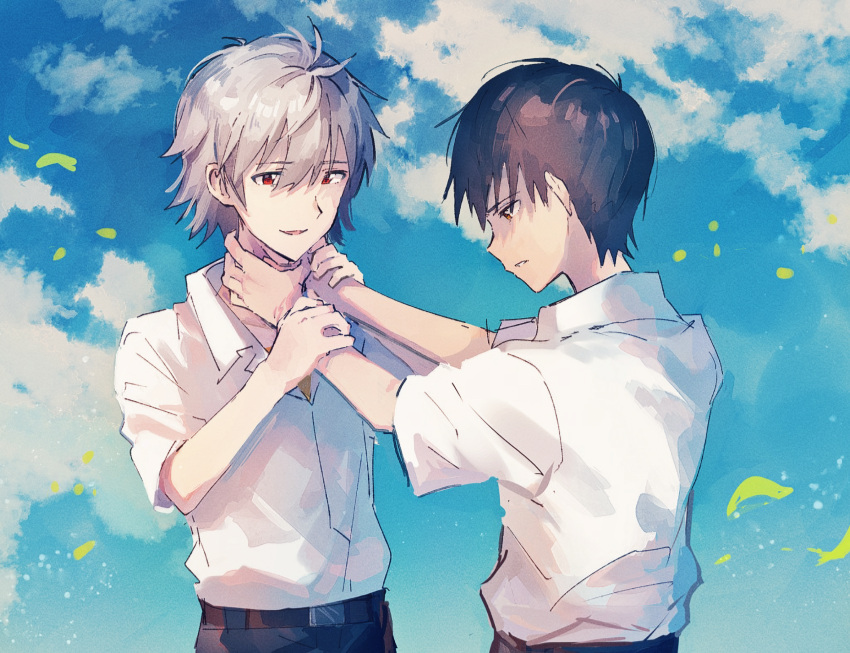 2boys black_pants blue_sky brown_eyes brown_hair cloud collared_shirt commentary_request grey_hair hajikkoneko hands_on_another's_arms hands_on_another's_neck highres ikari_shinji leaves_in_wind looking_at_another male_focus multiple_boys nagisa_kaworu neon_genesis_evangelion outdoors pants parted_lips red_eyes school_uniform shirt shirt_tucked_in short_hair short_sleeves sky smile strangling very_short_hair white_shirt