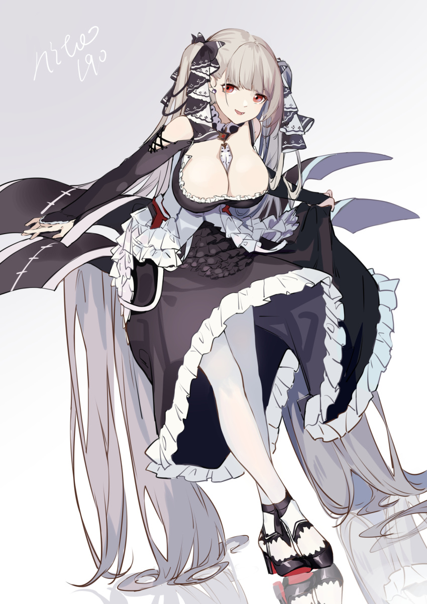 1girl absurdly_long_hair absurdres asymmetrical_hair azur_lane between_breasts black_dress black_footwear black_gloves blush breasts bridal_gauntlets chinese_commentary cleavage detached_collar dress earrings formidable_(azur_lane) frilled_dress frills full_body gloves gradient gradient_background grey_background half_updo high_heels highres jewelry large_breasts leaning_forward long_hair looking_at_viewer open_mouth red_eyes reflection reflective_floor shijiuqaq signature silver_hair simple_background skirt_hold smile solo standing twintails very_long_hair white_background white_neckwear