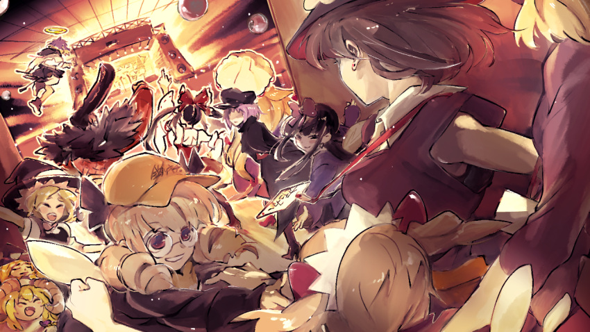 1boy 1other 6+girls agucala_(cookie) bangs baseball_cap black_coat black_eyes black_hair black_headwear black_shirt black_skirt blonde_hair blush bow braid breasts brown_hair closed_eyes coat commentary_request cookie_(touhou) detached_sleeves dress drill_locks eyebrows_visible_through_hair fumei_(cookie) geru_futota gesuto_(nicoseiga115785837) gradient_hair grin hair_between_eyes hair_bow hakurei_reimu halo hat jacket jiko_mujun kirisame_marisa koga_(cookie) long_hair looking_at_another looking_at_viewer looking_back luna_child maribel_hearn medium_breasts middle_finger multicolored_hair multiple_girls no_eyes open_mouth parasol pompadour purple_hair purple_jacket red_bow red_coat red_dress red_eyes rei_(cookie) remilia_scarlet riran_youkyu round_eyewear sheep shiriri_(cookie) shiriri_saikyo shirt short_hair short_sleeves shumiyou_desu shunga_youkyu side_braid skirt sleeveless sleeveless_dress smile stage star_sapphire sunny_milk touhou two_side_up umbrella upper_body usami_renko white_sleeves witch_hat yakumo_yukari yellow_headwear yuyusu_(cookie)