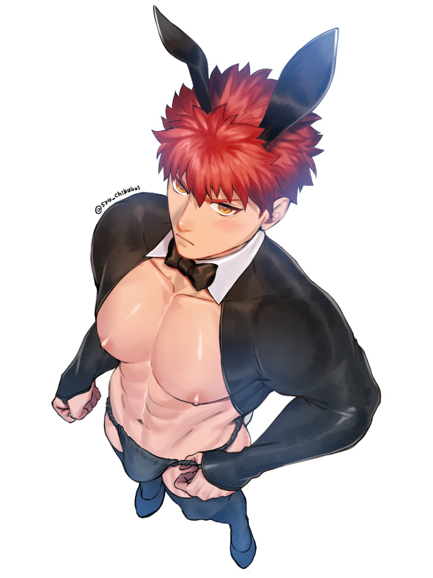 1boy abs animal_ears bara bare_pectorals black_legwear blush bow bowtie closed_mouth emiya_shirou fate/grand_order fate_(series) full_body fundoshi high_heels highres japanese_clothes large_pectorals looking_at_viewer male_focus male_playboy_bunny meme_attire muscular muscular_male navel nipples orange_eyes pectorals playboy_bunny rabbit_ears rabbit_tail red_hair reverse_bunnysuit reverse_outfit senji_muramasa_(fate) short_hair shrug_(clothing) simple_background solo syo_chikubai tail white_background