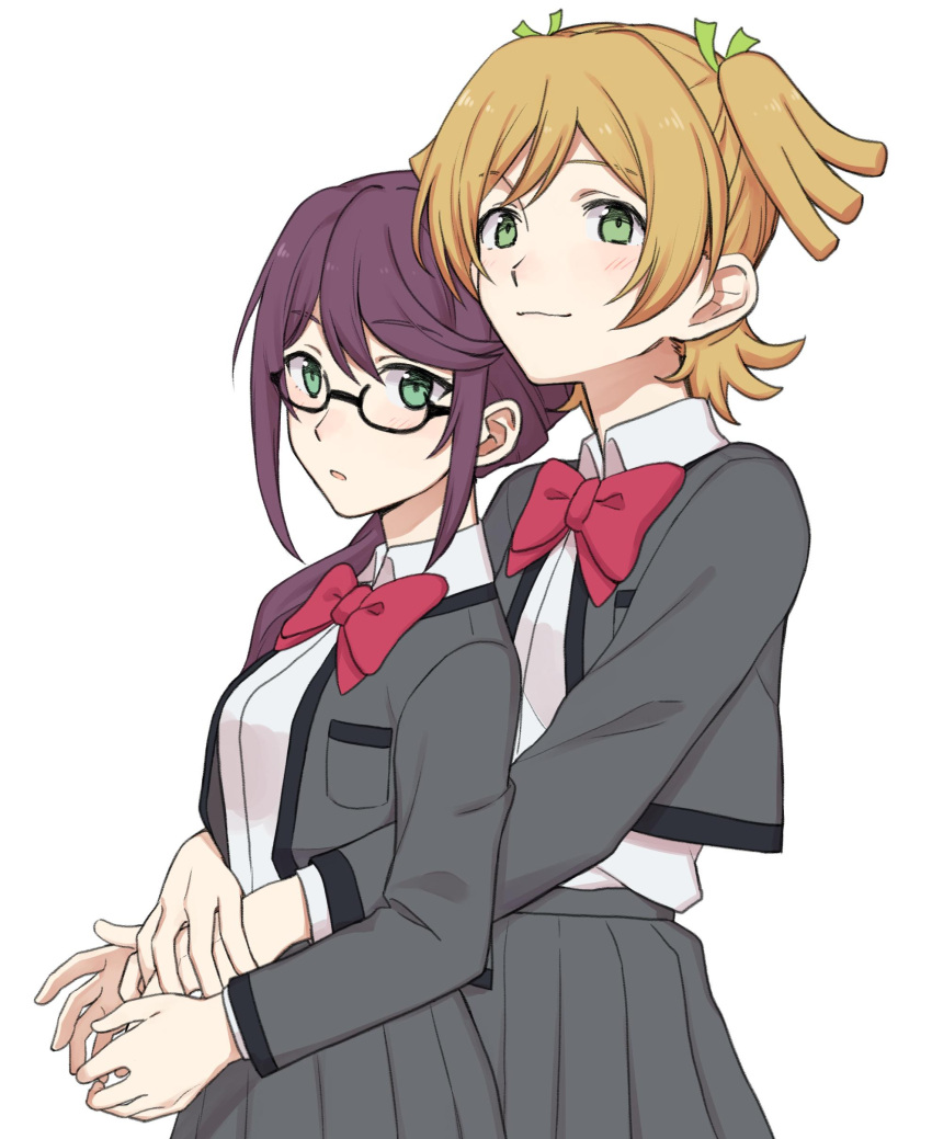 2girls absurdres bangs black-framed_eyewear blush bow bowtie breast_pocket closed_mouth collared_shirt commentary cowboy_shot daiba_nana eyebrows_visible_through_hair glasses green_eyes green_ribbon grey_jacket grey_skirt hair_over_shoulder hair_ribbon heads_together height_difference highres hoshimi_junna hug hug_from_behind jacket light_brown_hair light_smile long_hair long_sleeves looking_at_viewer low_ponytail multiple_girls nagisa_(12363) open_clothes open_jacket own_hands_together parted_lips pleated_skirt pocket purple_hair red_bow red_neckwear ribbon school_uniform seishou_music_academy_uniform shirt shirt_tucked_in short_twintails shoujo_kageki_revue_starlight sidelocks simple_background skirt standing swept_bangs symbol-only_commentary twintails white_background white_shirt yuri
