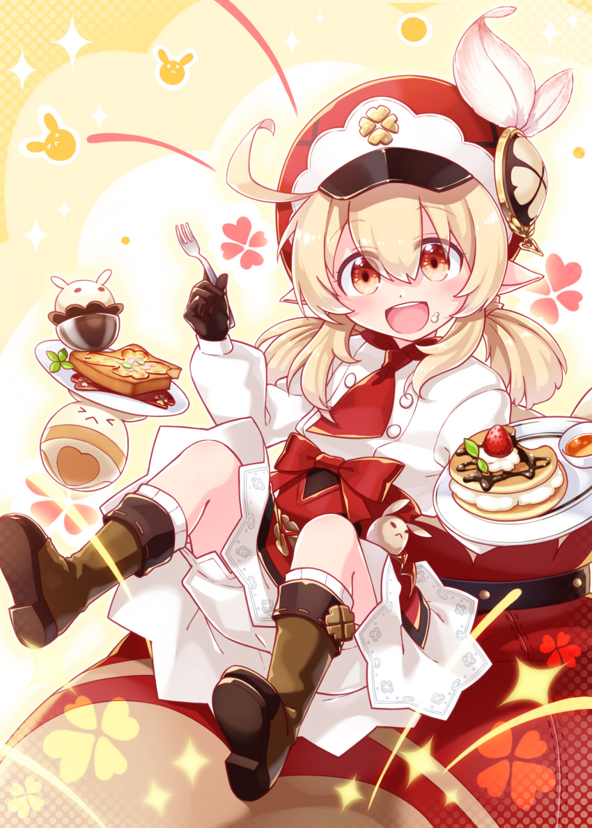 1girl :d ahoge bangs bloomers brown_footwear brown_gloves cabbie_hat chef_uniform clover_print commentary_request cream cream_on_face cupcake dodoco_(genshin_impact) eyebrows_visible_through_hair fish-flavored_toast food food_on_face fork fruit genshin_impact gloves hair_between_eyes hat hat_feather hat_ornament highres holding holding_fork jumpy_dumpty klee_(genshin_impact) kneehighs light_brown_hair lighter-than-air_pancake_(genshin_impact) long_hair long_sleeves looking_at_viewer official_alternate_costume open_mouth orange_eyes pancake plate sansei_rain sidelocks sitting smile solo strawberry toast underwear