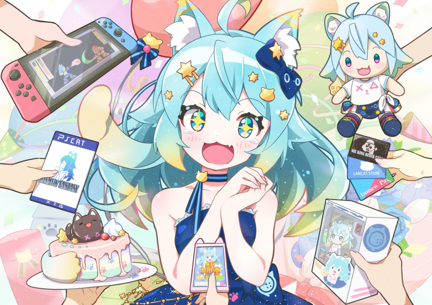 +_+ 1girl 6+others :d ahoge animal_ear_fluff animal_ears balloon bangs bare_arms bare_shoulders blue_bow blue_dress blue_eyes blue_flower blue_hair blue_rose blush bow cake card cat_ears cat_hair_ornament cellphone character_doll commentary_request dress eyebrows_visible_through_hair final_fantasy flower food fuusen_neko gift_card gradient_hair green_hair hair_between_eyes hair_bow hair_ornament hairclip hands_together hands_up highres holding holding_card holding_plate lanmewko long_hair multicolored_hair multiple_others nintendo_switch open_mouth original out_of_frame own_hands_together parody party_popper phone plate rose smile solo_focus star_(symbol) star_hair_ornament strapless strapless_dress streamers tearing_up tears