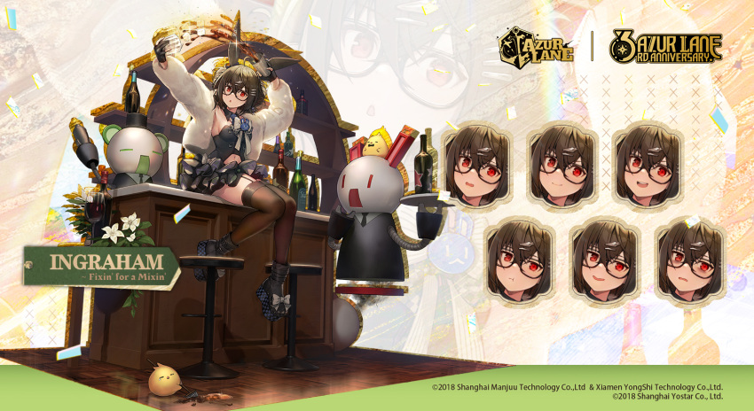1girl animal_ears azur_lane bare_shoulders breasts brown_hair coat english_commentary expressions fake_animal_ears glasses hair_ornament hairclip highres ingraham_(azur_lane) ingraham_(fixin_for_a_mixin)_(azur_lane) leotard looking_at_viewer manjuu_(azur_lane) medium_breasts messy_hair nagu navel official_art playboy_bunny promotional_art rabbit_ears red_eyes strapless strapless_leotard thighhighs