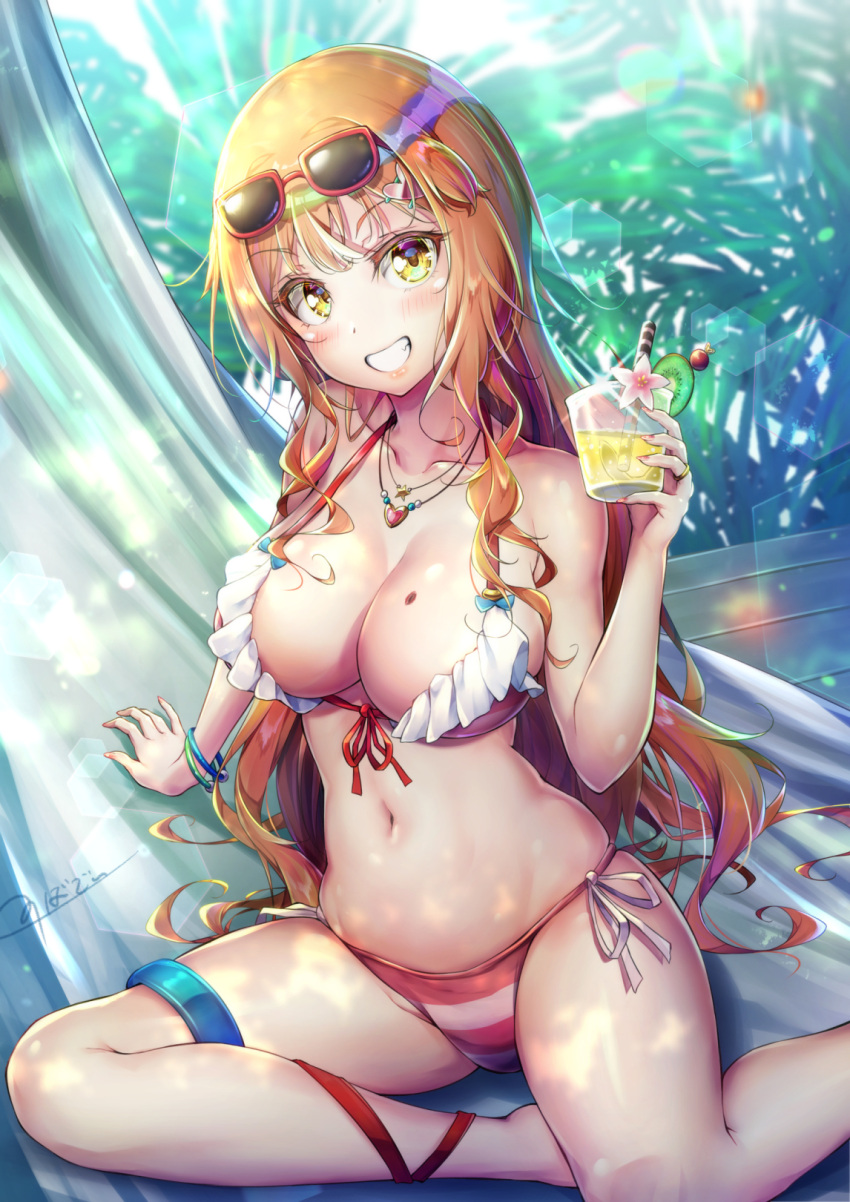 1girl bikini blush breasts cup drinking_glass eyewear_on_head frilled_bikini frilled_swimsuit frills hair_ornament hairclip halterneck heart heart_hair_ornament highres large_breasts looking_at_viewer mole mole_on_breast nail_polish natsusora_aona nobady orange_hair original shot_glass side-tie_bikini solo string_bikini summer sunglasses swimsuit