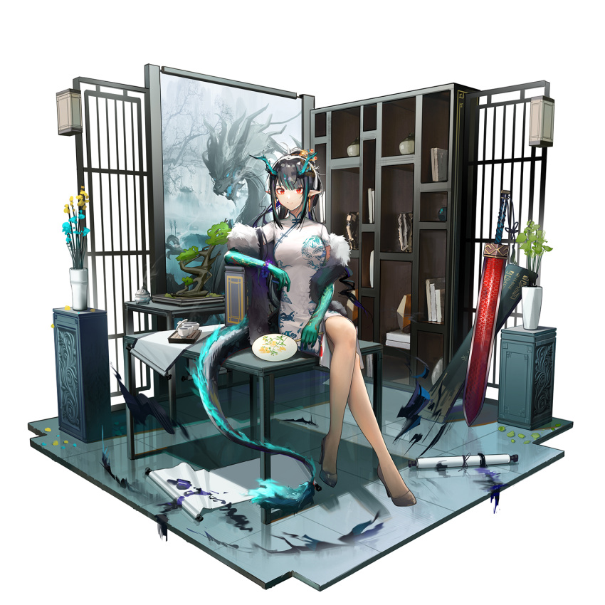 1girl arknights arm_rest bangs bare_legs bead_bracelet beads black_hair blue_flower bonsai bracelet breasts china_dress chinese_clothes closed_mouth colored_skin commentary_request crossed_legs dragon_girl dragon_horns dragon_tail dress dusk_(arknights) dusk_(bloom_moon)_(arknights) earrings feather_boa flower flower_pot full_body green_hair green_skin hand_fan high_heels highres holding holding_fan horns indoors jewelry leaf long_hair looking_at_viewer medium_breasts multicolored_hair paper_fan picture_(object) plant pointy_ears potted_plant print_dress red_eyes scroll shelf short_sleeves sidelocks sitting sitting_on_table solo streaked_hair sword tail uchiwa weapon white_dress yellow_flower yuuki_mix