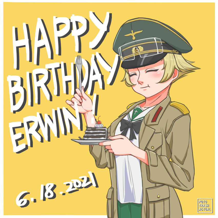 1girl :t absurdres artist_name blonde_hair blush border brown_jacket cake cherry closed_eyes cowboy_shot dated eating english_text erwin_(girls_und_panzer) food fork fruit girls_und_panzer goggles goggles_on_head green_skirt happy_birthday hat headwear_request highres holding holding_fork jacket ooarai_school_uniform plate puto_trash sailor_collar school_uniform serafuku shirt short_hair skirt smile solo white_border white_shirt yellow_background